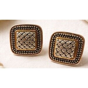 Vintage Mixed Metal Basket Weave Clip On Earrings Gold Silver Beaded